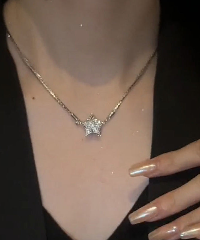 Silk Sterling Silver Zircon Five-pointed Star Pendant Necklace
