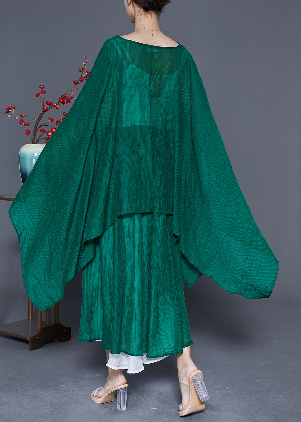 Blackish Green Oversized Asymmetrical Design Silk Two Pieces Set Summer