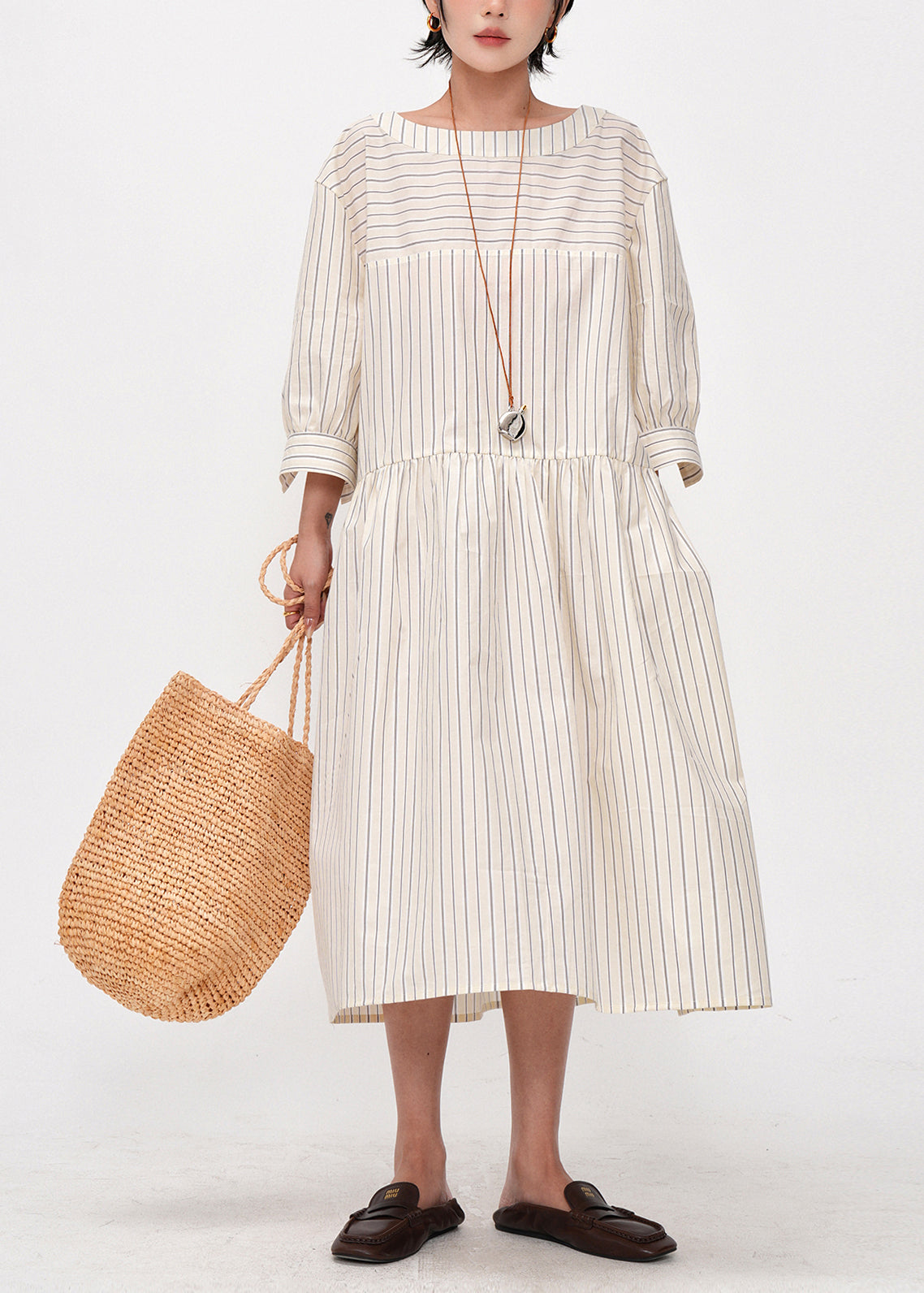 Beige Oversized Striped Cotton Maxi Dresses Bracelet Sleeve