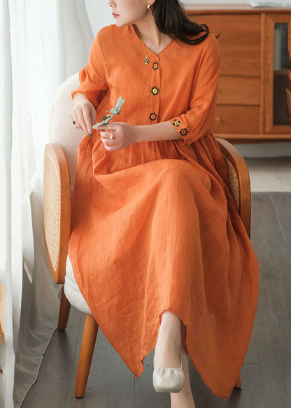 Orange Wrinkled Embroideried Linen Dress Two Piece Set Short Sleeve
