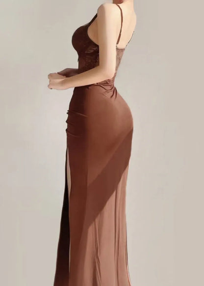Brown Side Open Maxi Spaghetti Strapdresses Sleeveless