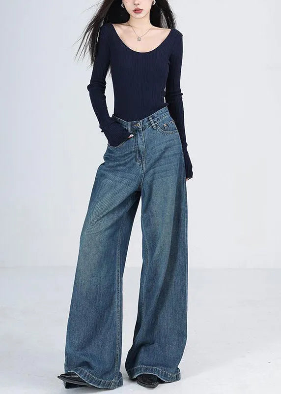 Blue Pockets High Waist Denim Wide Leg Pants Spring