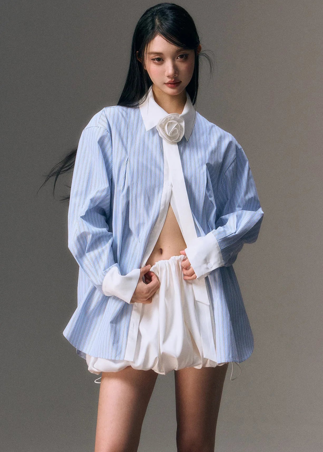 Blue Peter Pan Collar Striped Shirt and Skirts Two Pieces Set Fall