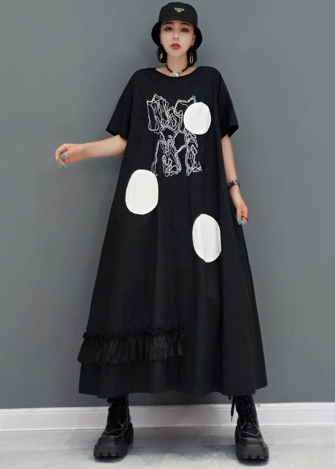 Black Ruffled Patchwork Dot Print Cotton Dresses Short Sleeve
