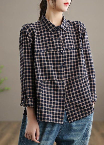Blue Plaid Top Silhouette Lapel Patchwork Short Spring Tops