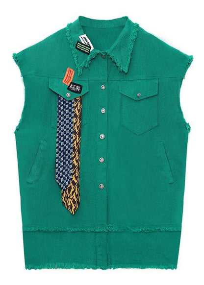 Organic Green Peter Pan Collar Button Pockets Fall Sleeveless Waistcoat