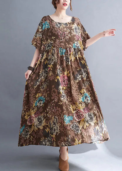 Coffee O-neck Print Maxi Dress Short Sleeve