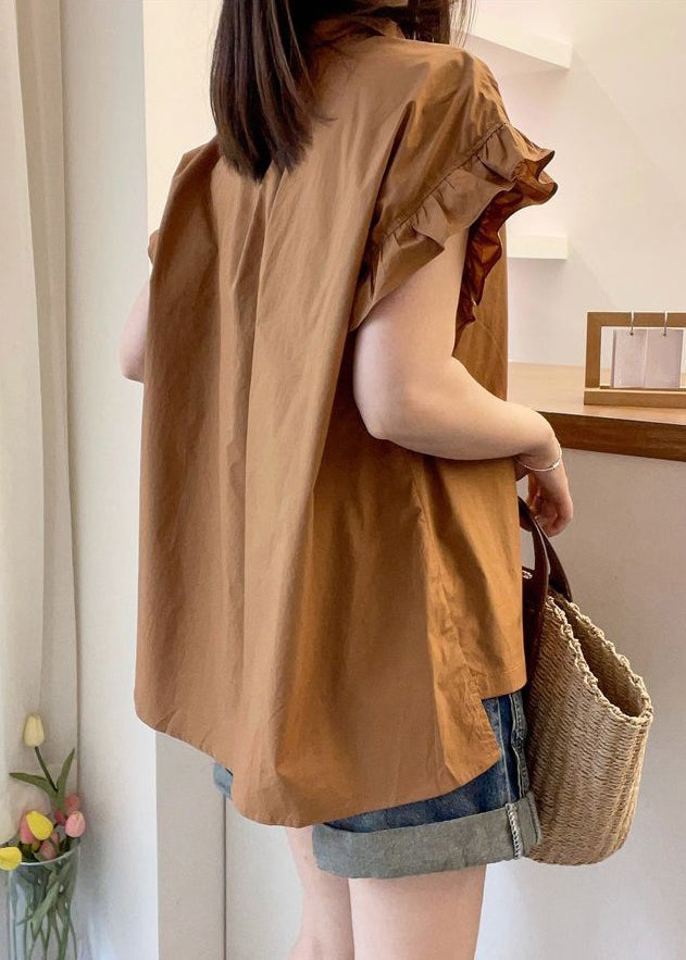 Coffee Ruffled Button Patchwork Cotton Top Summer