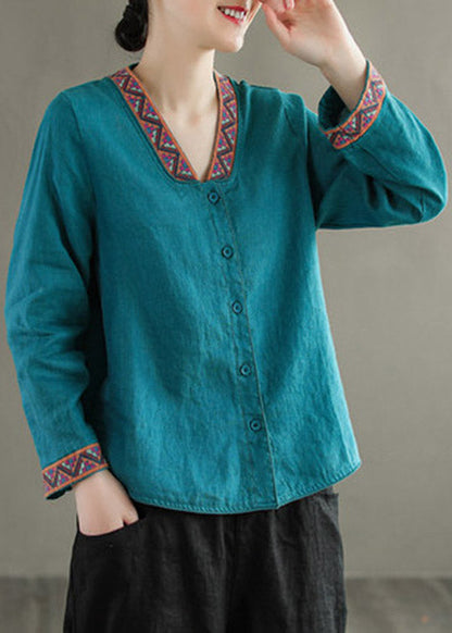 Blue V Neck Embroideried Button Linen Shirt Long Sleeve