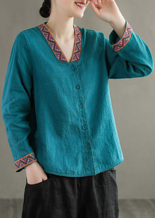 Blue V Neck Embroideried Button Linen Shirt Long Sleeve