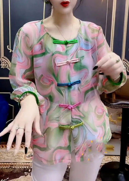 O-neck Print Button Chiffon Shirt Long Sleeve