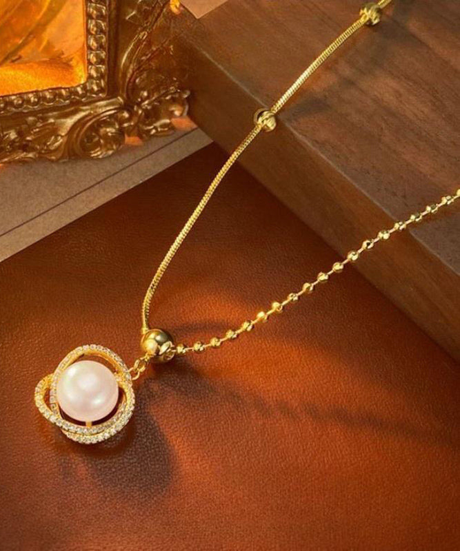 Gold Sterling Silver Overgild Zircon Pearl Pendant Necklace