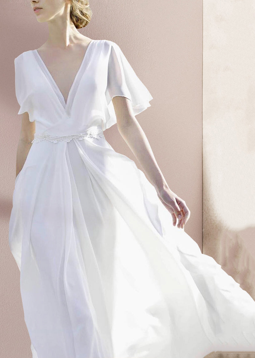 White V Neck Backless Chiffon Ankle Dress Summer