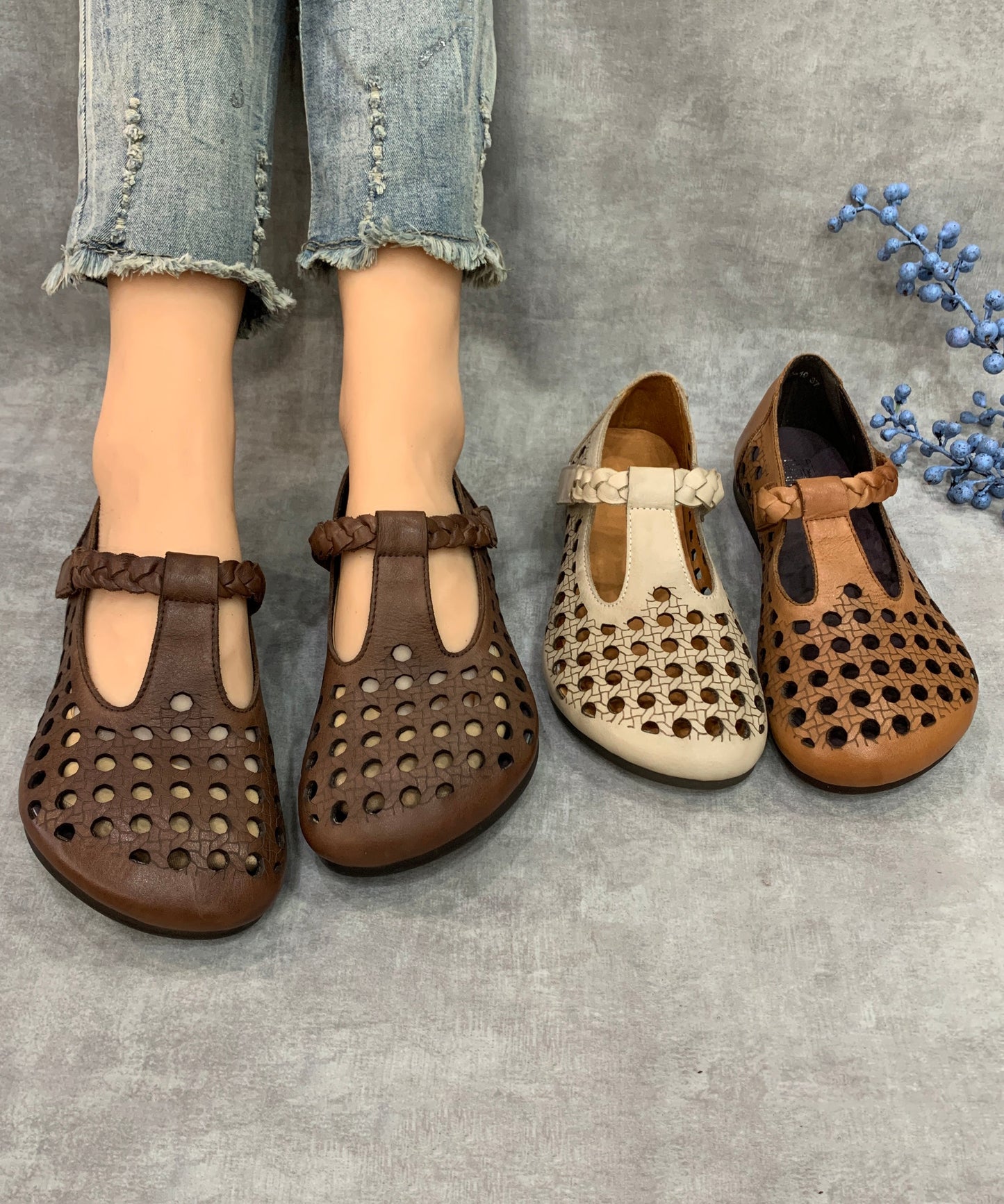 Comfy Caramel Flat Shoes Hollow Out Cowhide Leather