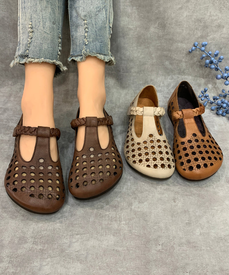 Comfy Beige Flat Shoes Hollow Out Cowhide Leather