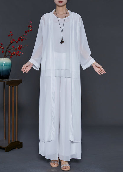 Simple White Oversized Draping Chiffon Three Piece Set Summer