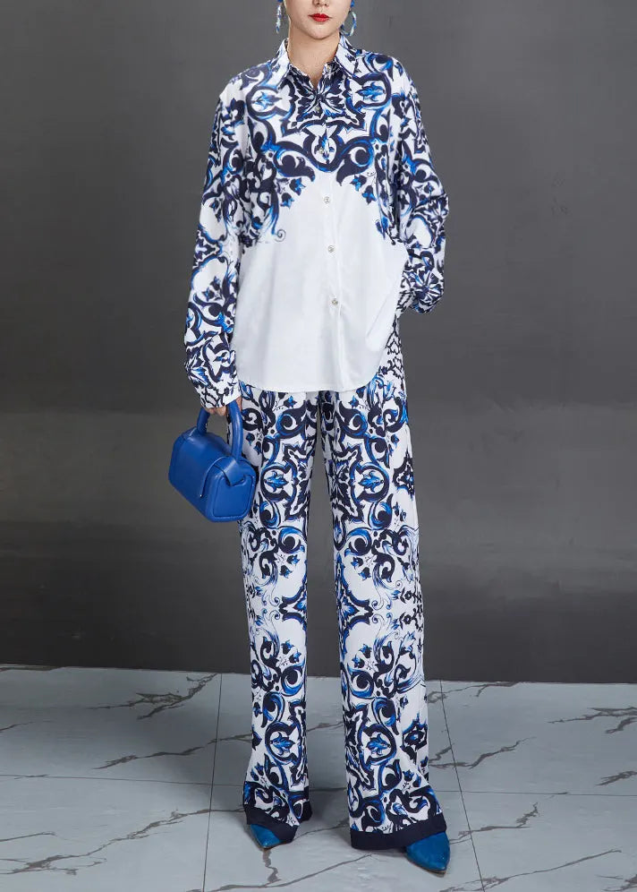 Modern Blue Peter Pan Collar Print Shirts and Straight Pants Two Piece Suit Set Fall