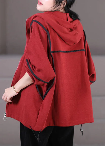 Mulberry Zippered Patchwork Drawstring Hooded Sweatshirt Fall