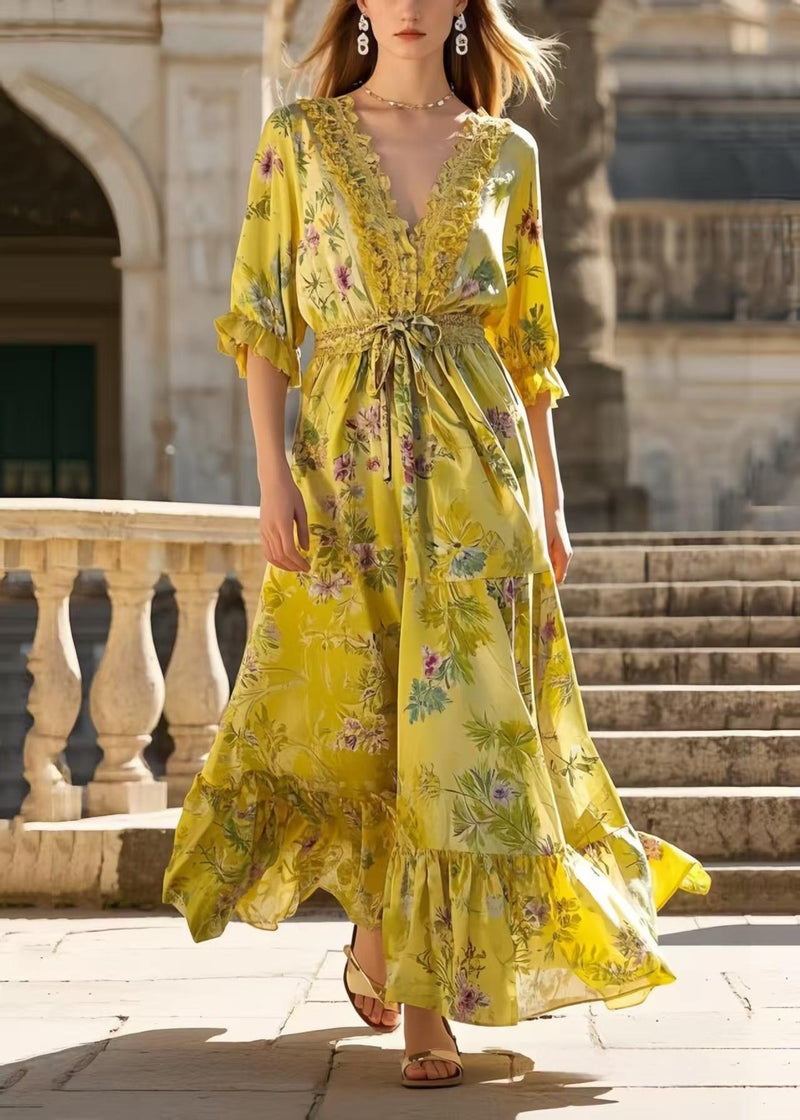 Yellow Ruffled Print Silk Tunic Dress Summer