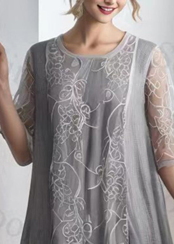 Grey Patchwork Silk Maxi Dress Short Sleeve