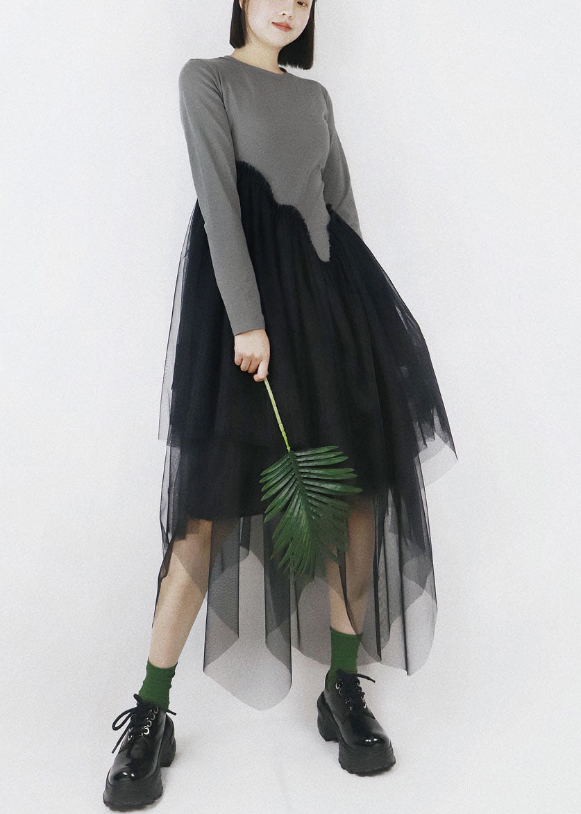 Diy Grey O-neck Tulle Patchwork Asymmetrical Design Cotton Vacation Dresses Long Sleeve