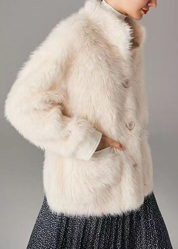 Fitted White Pockets Button Leather and Fur Coats Long Sleeve