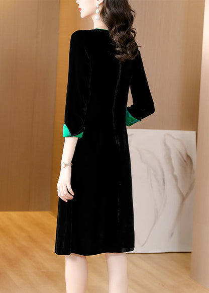 Style Black O-neck Print Patchwork Button Silk Velour Maxi Dresses Fall