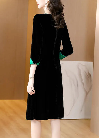 Style Black O-neck Print Patchwork Button Silk Velour Maxi Dresses Fall