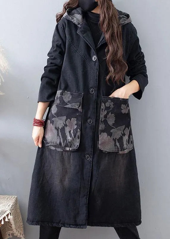 Fine Clothing Coats Denim Black Hooded Pockets Outwear