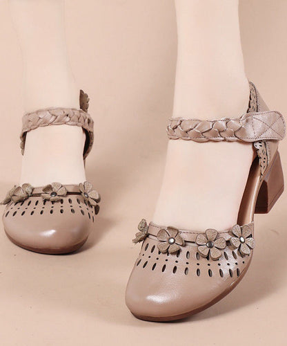 Apricot Cowhide Leather Sandals Hollow Out Buckle Strap