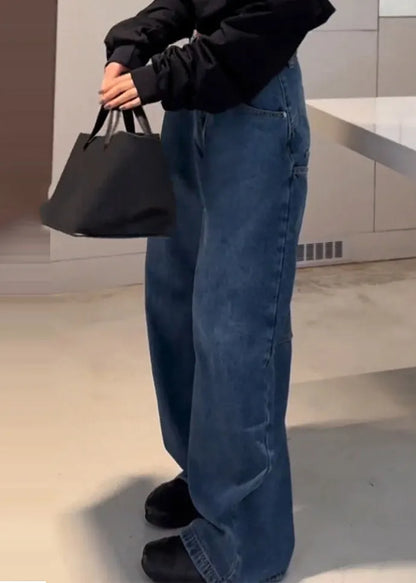 Stylish Blue High Waist Patchwork Pocket Denim Pants Spring