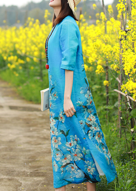Boutique Blue O-neck Side Open Print Linen Long Dresses Half Sleeve
