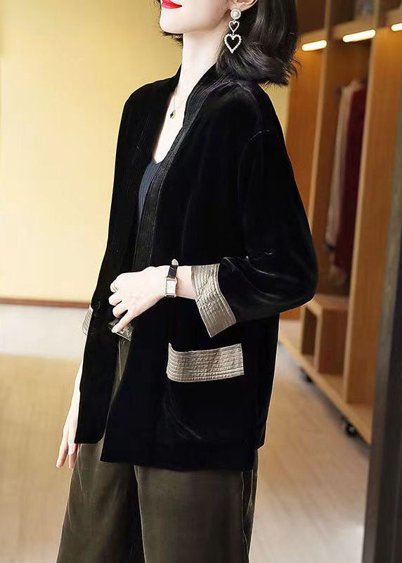 Loose Black V-neck Pockets Patchwork Silk Velour Cardigans Bracelet Sleeve