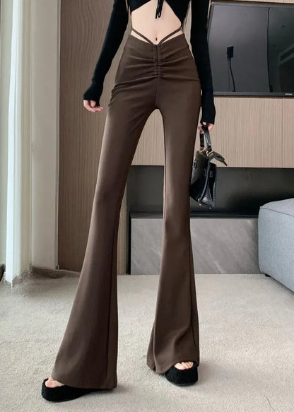 Style Coffee High Waist Patchwork Flared Trousers Summer