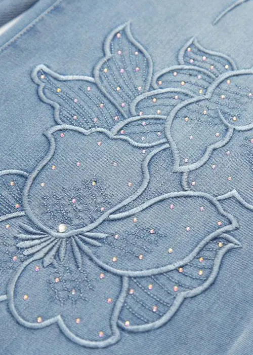 Handmade Blue Embroidered Zircon Denim Pants Fall