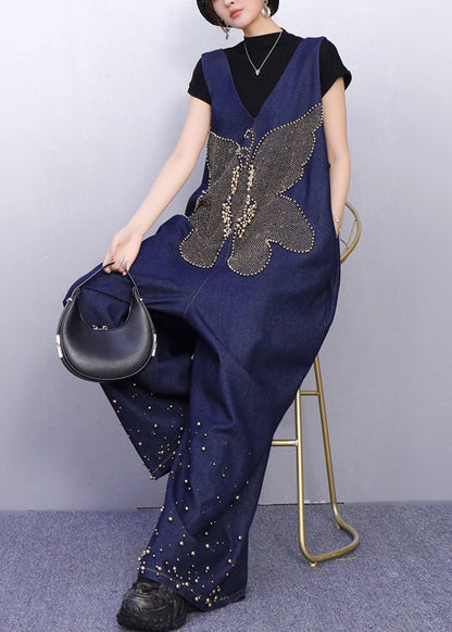 Sparkling Insect Motif Navy Denim Jumpsuits Urban Stance