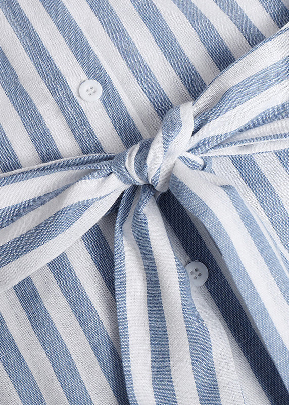 Loose Black Striped Button Tie Waist Cotton Blouses Dresses Bracelet Sleeve Spring