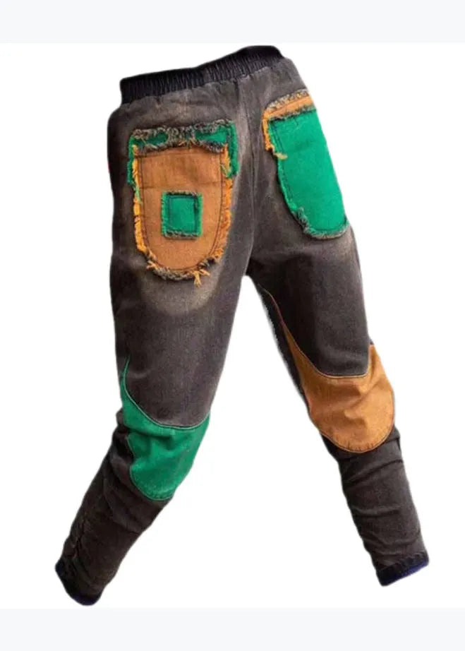New Elastic Waist Patchwork Warm Fleece Denim Pants Spring
