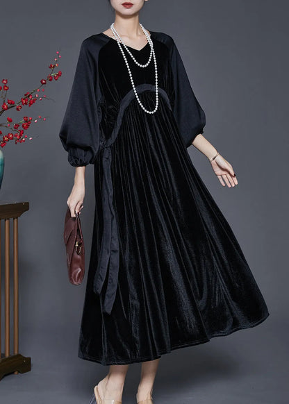 Black Oversized Patchwork Drawstring Silk Velour Dress Spring