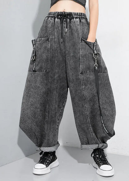 Black Grey Cinched Patchwork Denim Pants Trousers Spring