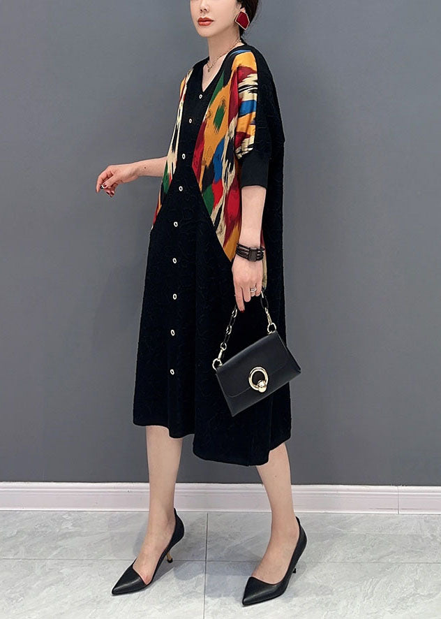 Black V Neck Patchwork Print Button Dress Spring