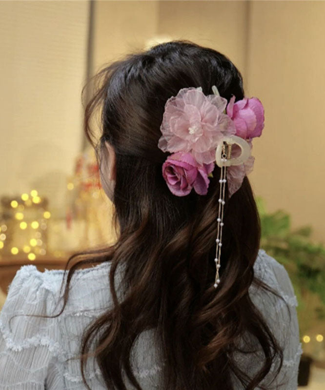 Boutique Fabric Tulle Pearl Tassel Hairpin