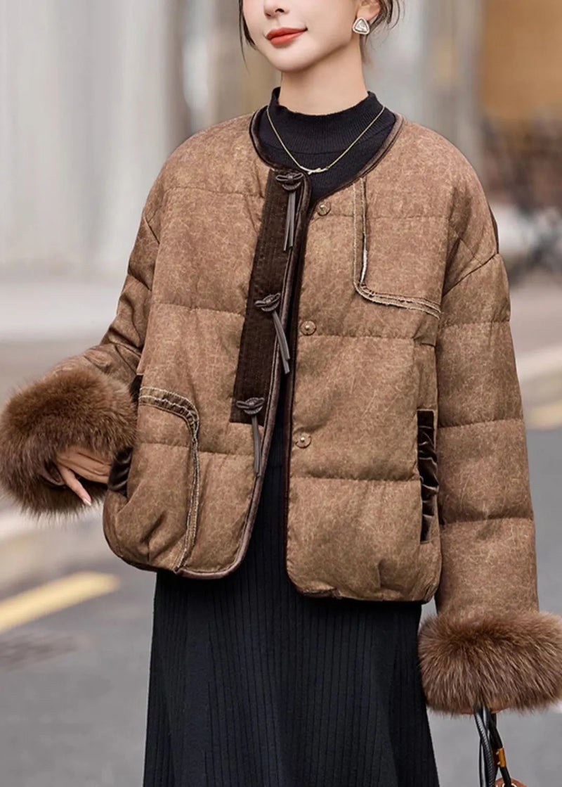 New Coffee Fur Patchwork Duck Down Short Coat Winter