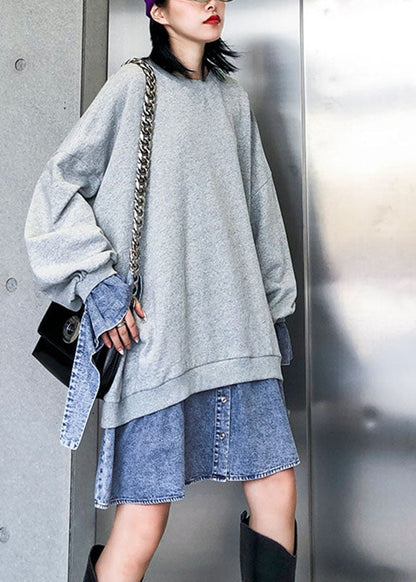 Grey Patchwork Denim Button Fall Sweatshirts Top