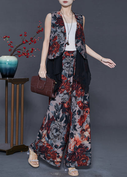 Red Print Patchwork Linen 2 Piece Outfit Summer