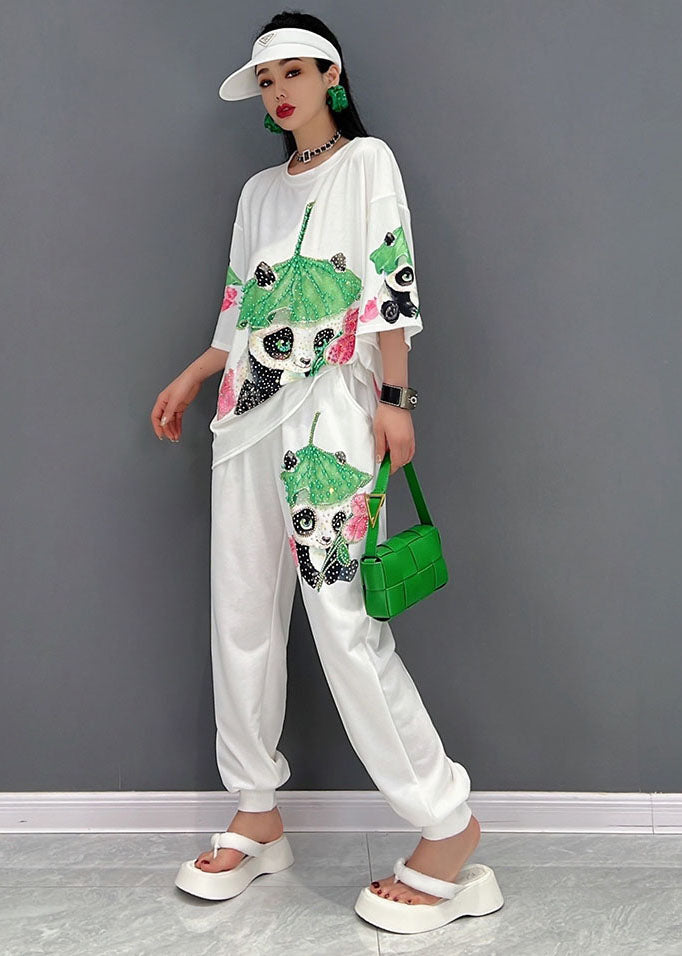 White O-neck Panda Print Cotton Two Piece Set Clothing Summer