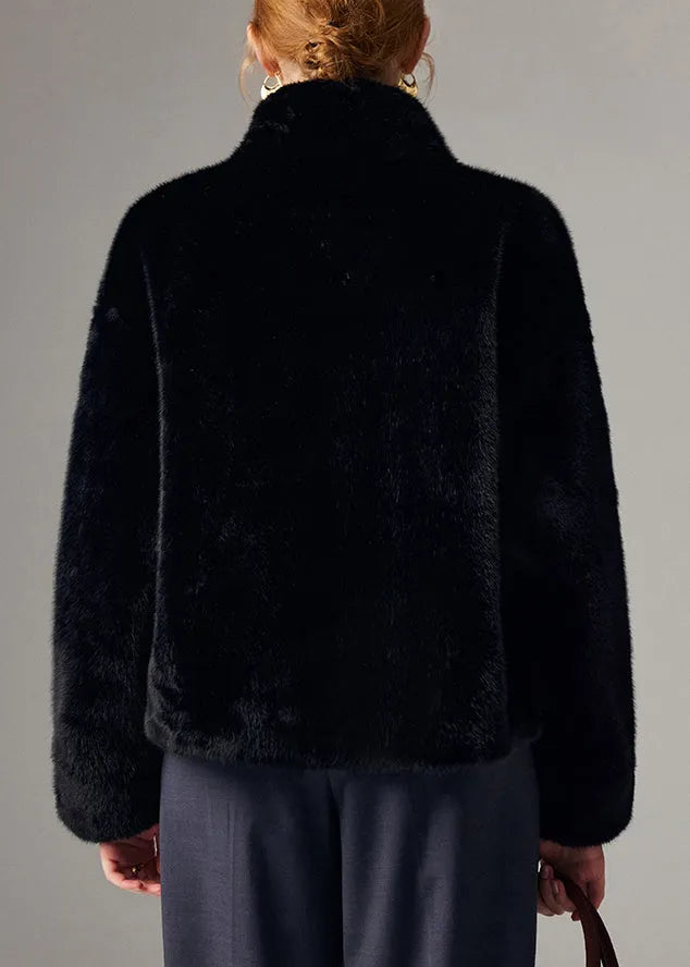 Black Mink Velvet Thick Coat Pockets Winter