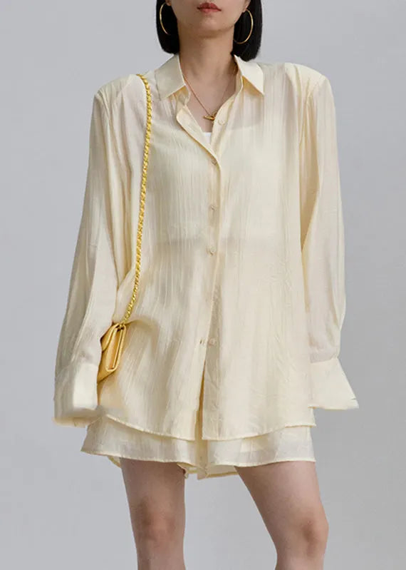 White Peter Pan Collar Shirts and Shorts Two Pieces Set Long Sleeve