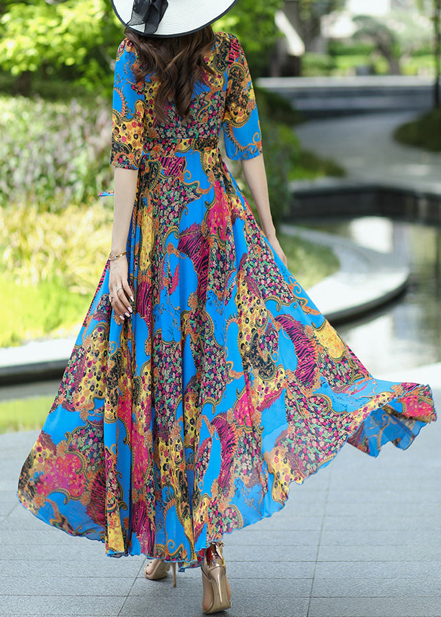 Blue V Neck Print Lace Up Chiffon Dress Summer