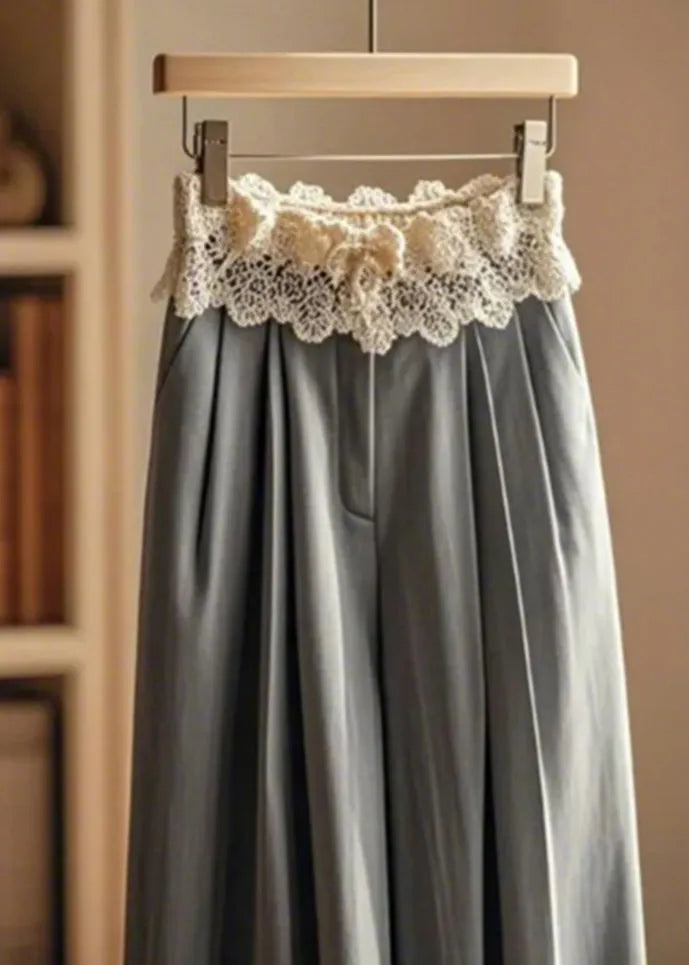Grey Wrinkled Patchwork Lace Wide Leg Pants Fall